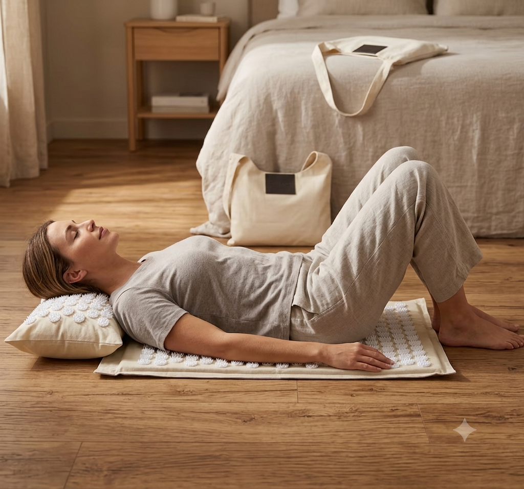 AcuNest™ Recovery Kit — Linen & Coconut Fiber Acupressure Mat Set